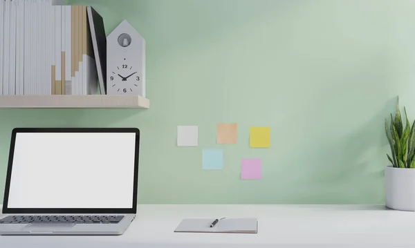 Laptop Boş Ekran Ile Çalışma Alanı Oluşturun Ofis Masasında Beyaz — Stok fotoğraf