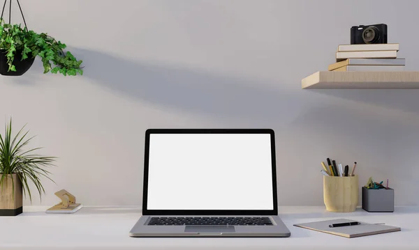 Ofisinin Maketi Laptop Ekranlı Çalışma Alanı Konseptinden Çalışma — Stok fotoğraf