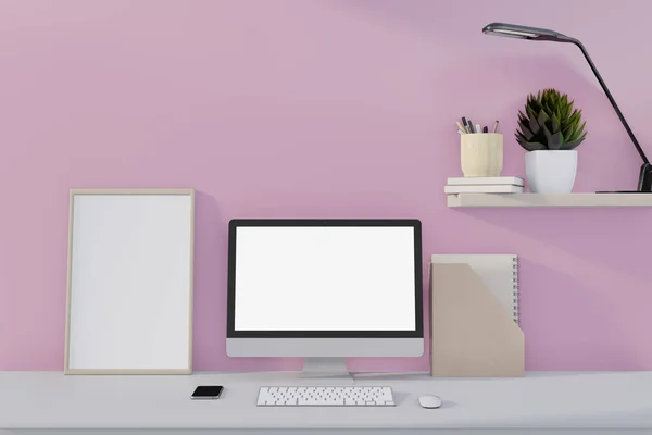 Çalışma alanını Masaüstü boş ekran ile düzenle. Merkez ofis masası ve Pembe Duvar arkaplanı.