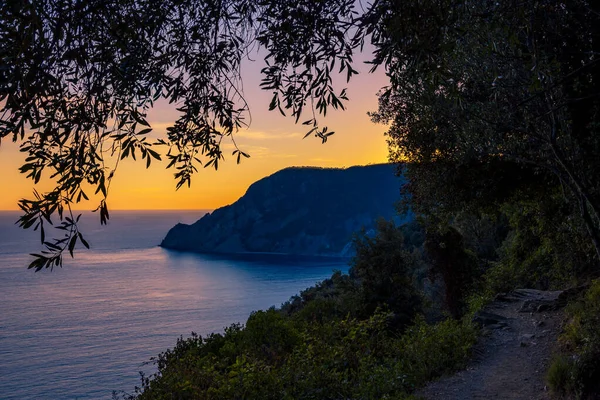 İtalya 'daki Cinque Terre Ulusal Parkı' ndaki Liguria 'ya bir göz atalım. Vernazza ve Monterosso köylerini birbirine bağlayan bir patikadan gün batımı..
