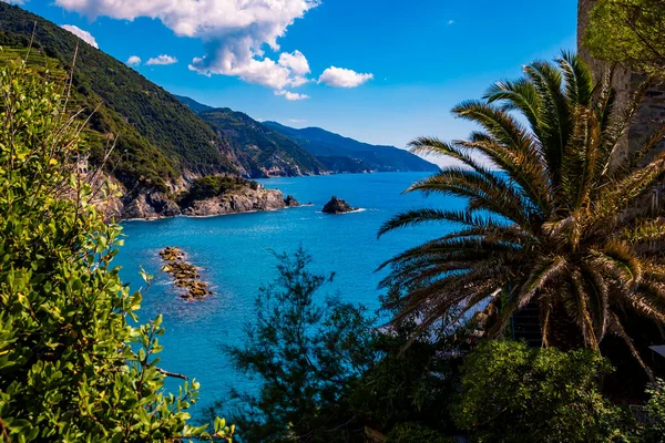 İtalya 'daki Cinque Terre Ulusal Parkı' ndaki Liguria 'ya bir göz atalım. berrak bir deniz ve berrak bir gökyüzü mükemmel bir İtalyan deniz manzarası.