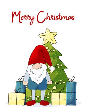 El çizimi bir Noel kartı. Noel Baba şapkalı cüce, ağaç, hediyeler. Güzel tatil kartı, el ilanı.