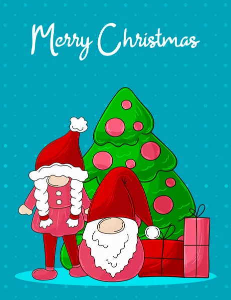 Two Gnomes Santa Claus Hats Christmas Tree Gifts Christmas Card — Stock Vector