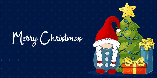 Banner Navidad Estilo Dibujado Mano Dos Gnomos Con Sombreros Papá — Vector de stock