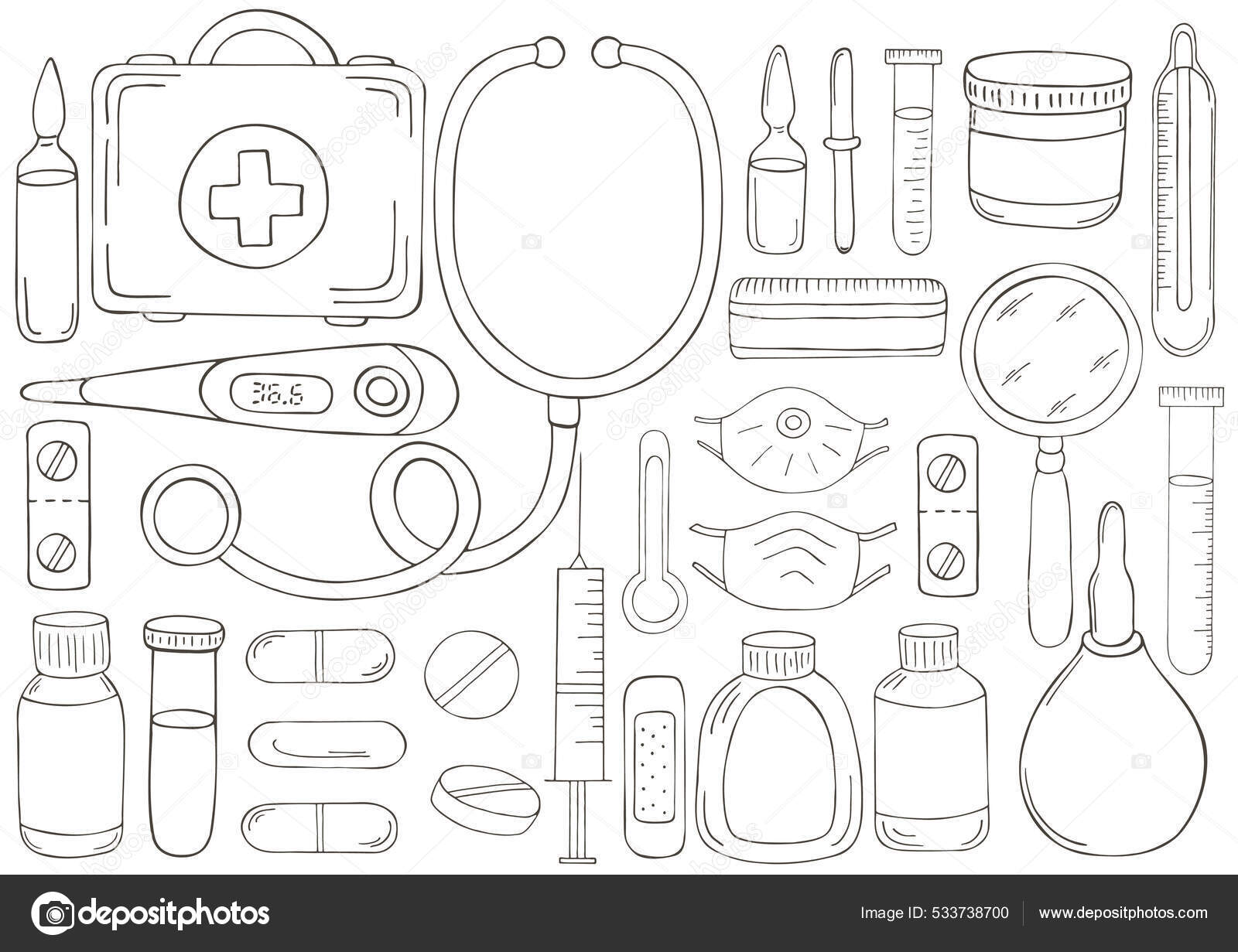 Desenho de página para colorir de instrumentos médicos. Logotipo médico  imagem vetorial de Oleon17© 114576824