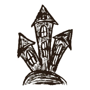 Scary castle. Icon in hand draw style. Drawing with wax crayons, colored chalk, children's creativity. Vector illustration. Sign, symbol, pin, sticker