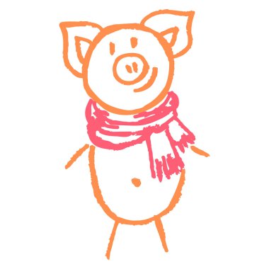 Pig, piglet. Icon in hand draw style. Drawing with wax crayons, colored chalk, children's creativity. Vector illustration. Sign, symbol, pin, sticker