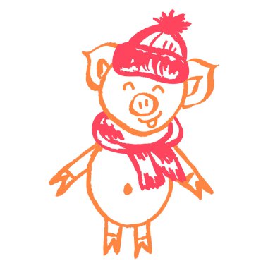 Pig. Icon in hand draw style. Drawing with wax crayons, colored chalk