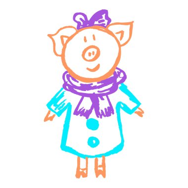 Pig. Icon in hand draw style. Drawing with wax crayons, colored chalk, children's creativity. Vector illustration. Sign, symbol, pin