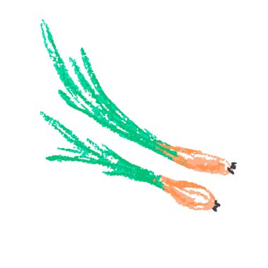 Soğan. Simge el çizimi stili. Balmumu boya kalemleri, renkli tebeşirler, çocukların yaratıcılığı. Vektör çizimi. İmzala, sembol, iğne