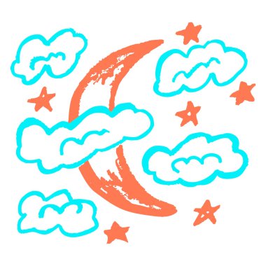 Ay ve yıldızlar. Simge el çizimi stili. Balmumu boya kalemleri, renkli tebeşirler, çocukların yaratıcılığı. Vektör çizimi. İmzala, sembol, iğne, çıkartma