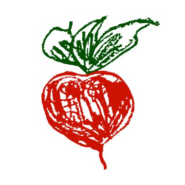 Simge el çizimi stili. Turp. Balmumu boya kalemleri, renkli tebeşirler, çocukların yaratıcılığı. Vektör çizimi. İmza, sembol