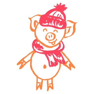 Simge el çizimi stili. Domuz herif. Balmumu boya kalemleri, renkli tebeşirler, çocukların yaratıcılığı. Vektör illüstrasyonu