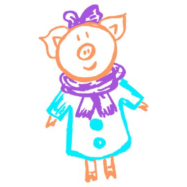 Simge el çizimi stili. Domuz herif. Balmumu boya kalemleri, renkli tebeşirler, çocukların yaratıcılığı.