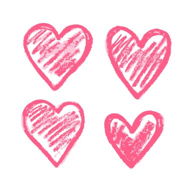Simge el çizimi stili. Kalpler hazır. Balmumu boya kalemleri, renkli tebeşirler, çocukların yaratıcılığı. Vektör illüstrasyonu