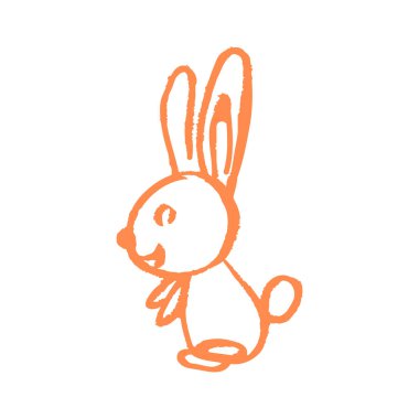 Simge el çizimi stili. Tavşan. Balmumu boya kalemleriyle çizimler, çocukların yaratıcılığı. Vektör çizimi. İmzala, sembol, iğne, çıkartma