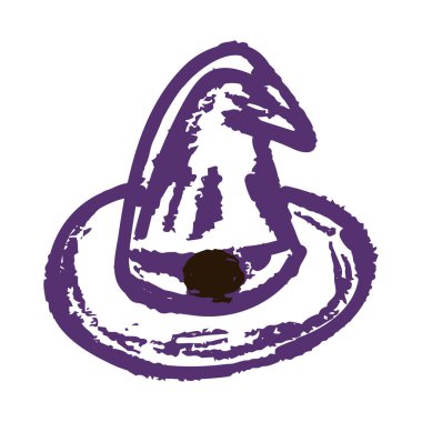 Simge el çizimi stili. Balmumu boya kalemleri, renkli tebeşirler, çocukların yaratıcılığı. Vektör çizimi. Cadı şapkası. İmzala, sembol, iğne, çıkartma