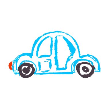 Simge el çizimi stili. - Araba. Balmumu boya kalemleri, renkli tebeşirler, çocukların yaratıcılığı. Vektör çizimi. İmzala, sembol, iğne, çıkartma