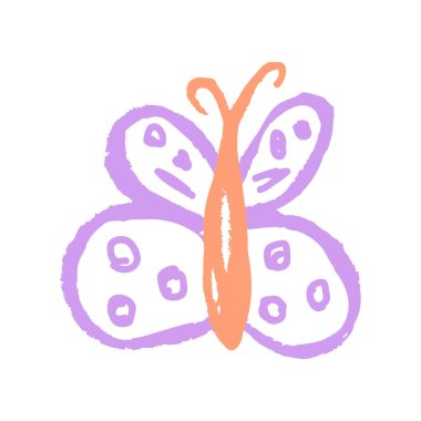 Simge el çizimi stili. Vektör çizimi. Kelebek. Balmumu boya kalemleriyle çizimler, çocukların yaratıcılığı.