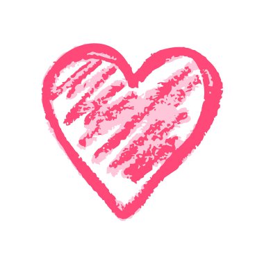 Kalp. Simge el çizimi stili. Balmumu boya kalemleriyle çizimler, çocukların yaratıcılığı. Vektör çizimi. İmzala, sembol, iğne, çıkartma