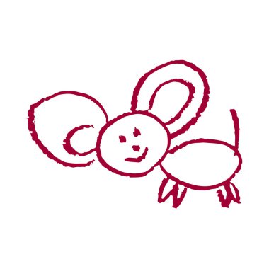 El çizimi tarzında şirin bir ikon. Fare. Balmumu boya kalemleriyle çizimler, çocukların yaratıcılığı. Vektör çizimi. İmzala, sembol, iğne, çıkartma