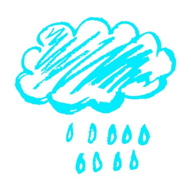 El çizimi tarzında şirin bir ikon. Bulut, yağmur. Balmumu boya kalemleriyle çizimler, çocukların yaratıcılığı. Vektör illüstrasyonu