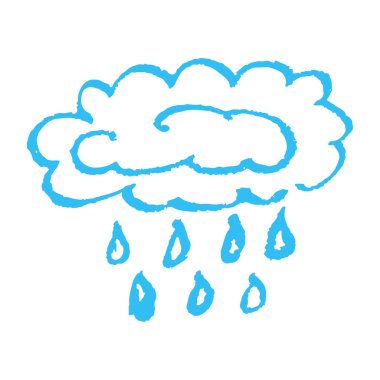 El çizimi tarzında şirin bir ikon. Bulut, yağmur. Balmumu boya kalemleriyle çizimler, çocukların yaratıcılığı. Vektör çizimi. İmzala