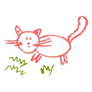 El çizimi tarzında şirin bir ikon. Kedi. Balmumu boya kalemleriyle çizimler, çocukların yaratıcılığı. Vektör çizimi. İmzala, sembol, iğne, çıkartma