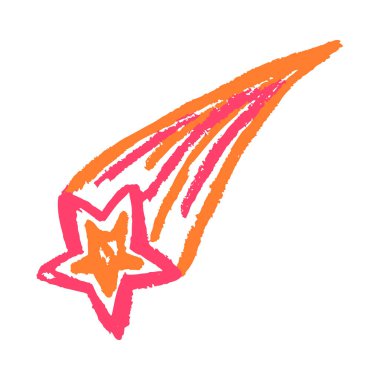 Kuyruklu yıldız. Simge el çizimi stili. Balmumu boya kalemleri, renkli tebeşirler, çocukların yaratıcılığı. Vektör çizimi. İmzala, sembol, iğne