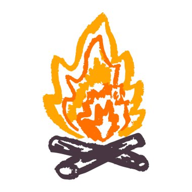 Şenlik ateşi. Simge el çizimi stili. Balmumu boya kalemleri, renkli tebeşirler, çocukların yaratıcılığı. Vektör çizimi. İmzala, sembol, iğne, çıkartma