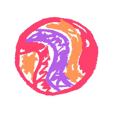 Topu ver. Simge el çizimi stili. Balmumu boya kalemleri, renkli tebeşirler, çocukların yaratıcılığı. Vektör çizimi. İmzala, sembol, iğne, çıkartma