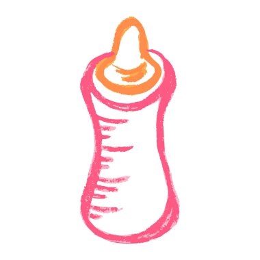 Bebek şişesi. Simge el çizimi stili. Balmumu boya kalemleri, renkli tebeşirler, çocukların yaratıcılığı. Vektör çizimi. İmza, sembol