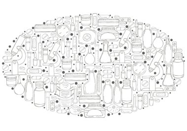 Oval Boyama vektör çizimi. Laboratuvar asistanı doktor aletleri el çizimi tarzında ayarlandı. Analiz araçları, virüs aramaları. Doktor çantası, mikroskop, aletler.