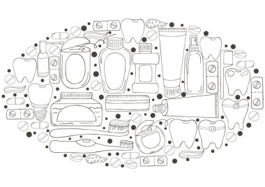 Oval Renk tasarım elementleri. Eldeki ağız boşluğunun bakımı için bir takım elementler. Diş temizliği, diş sağlığı. Diş ipi, diş ipi, fırça, yapıştırıcı, durulama