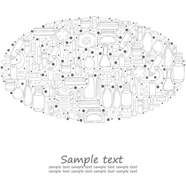 Oval Boyama vektör çizimleri, metin. Laboratuvar doktoru aletleri elle çizim tarzında ayarlanmış. Analiz araçları, virüs aramaları. Doktor çantası, mikroskop, aletler.