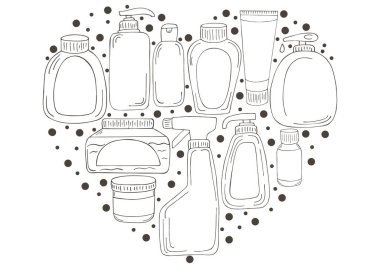 Kalp Rengi elementleri. Banyo elementleri el çizimi tarzında. Kutu koleksiyonu, paket. Antiseptik, diş macunu, jel, sabun, krem, durulama.