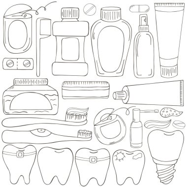 Tasarım elementlerinin renklendirilmesi. Eldeki ağız boşluğunun bakımı için bir takım elementler. Diş temizliği, diş sağlığı. Diş ipi, diş ipi, fırça, yapıştırıcı, durulama