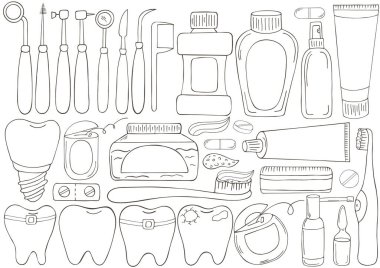 Boyama sayfası. Eldeki ağız boşluğunun bakımı için bir takım elementler. Diş temizliği, diş sağlığı, diş aletleri