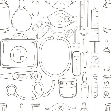 Beyaz bir arka planda kusursuz desen. Boyama tıbbi aletleri el çizimi tarzında. Maskeler, ilaçlar, tıbbi durum, steteskop