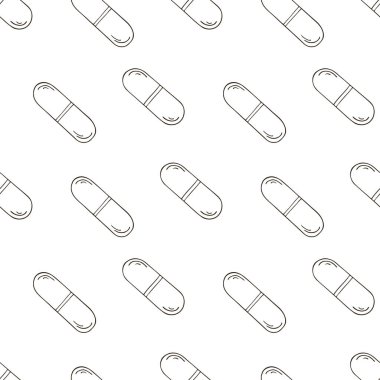 Beyaz bir arka planda kusursuz desen. Çizgi film tıbbi uyuşturucular elde çizim stili