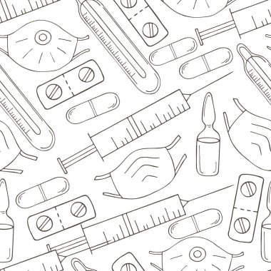 Beyaz bir arka planda kusursuz desen. Boyama tıbbi aletleri el çizimi tarzında. Maske, şırınga, hap.