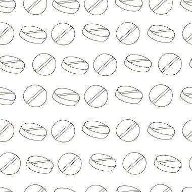 Renkli Vektör Kusursuz desen. Karikatür tıbbi ilaçlar el çizimi tarzında. Ambalaj için arka plan, tablet reklamları, kapsüller