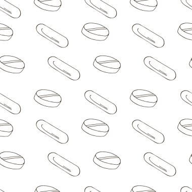 Renksiz desen. Beyaz karikatür tıbbi ilaçlar el çizimi tarzında. Paketleme ve tablet reklamı için arkaplan