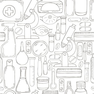 Renksiz desen. Çizgi film tıbbi aletleri el çizimi tarzında. Mikroskop, laboratuvar aletleri