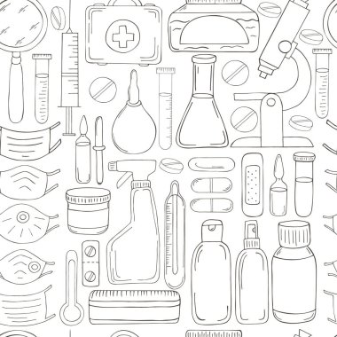 Renksiz desen. Çizgi film tıbbi aletleri el çizimi tarzında. Mikroskop, laboratuvar aletleri. Virüs taraması