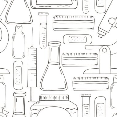 Renksiz desen. Çizgi film tıbbi aletleri el çizimi tarzında. Mikroskop, laboratuvar araştırması