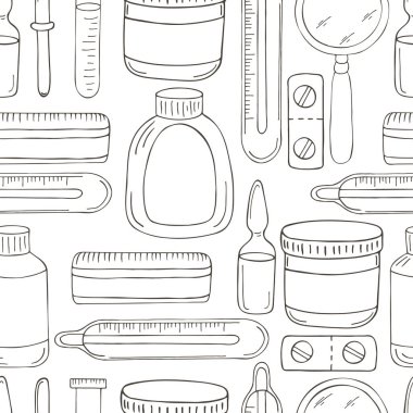 Renksiz desen. Çizgi film tıbbi aletleri el çizimi tarzında. İlaçlar, termometre, haplar.