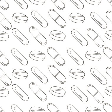 Renksiz desen. Karikatür tıbbi ilaçlar el çizimi tarzında. Paketleme ve reklam için arka plan