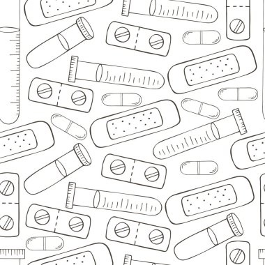 Renksiz desen. Çizgi film tıbbi aletleri el çizimi tarzında. Tıbbi alçı, test tüpleri, haplar.