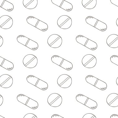 Renksiz desen. Karikatür tıbbi ilaçlar el çizimi tarzında. Ambalaj için arka plan, tablet reklamları